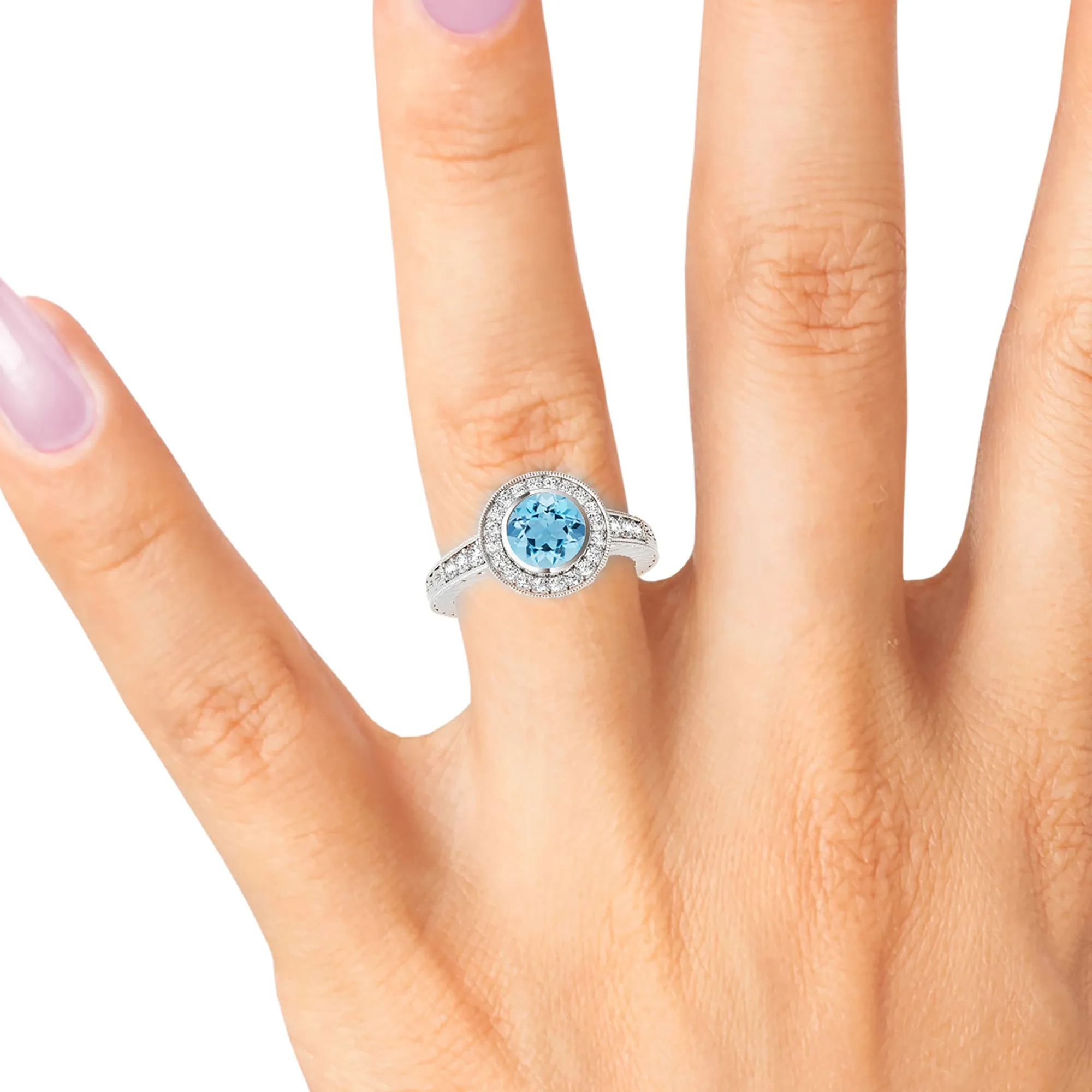 1.10 ct. Genuine Aquamarine Ring With Milgrain Halo And Filigree Design Diamond band