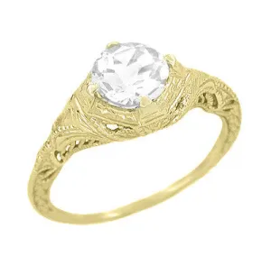 14 Karat Yellow Gold Art Deco White Sapphire Engraved Filigree Engagement Ring