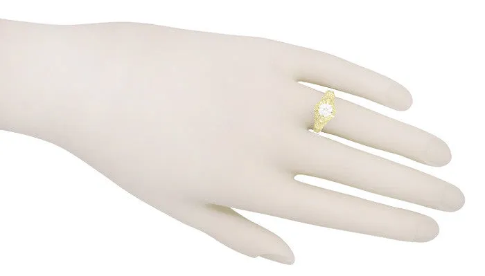 14 Karat Yellow Gold Art Deco White Sapphire Engraved Filigree Engagement Ring