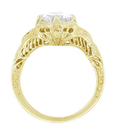 14 Karat Yellow Gold Art Deco White Sapphire Engraved Filigree Engagement Ring
