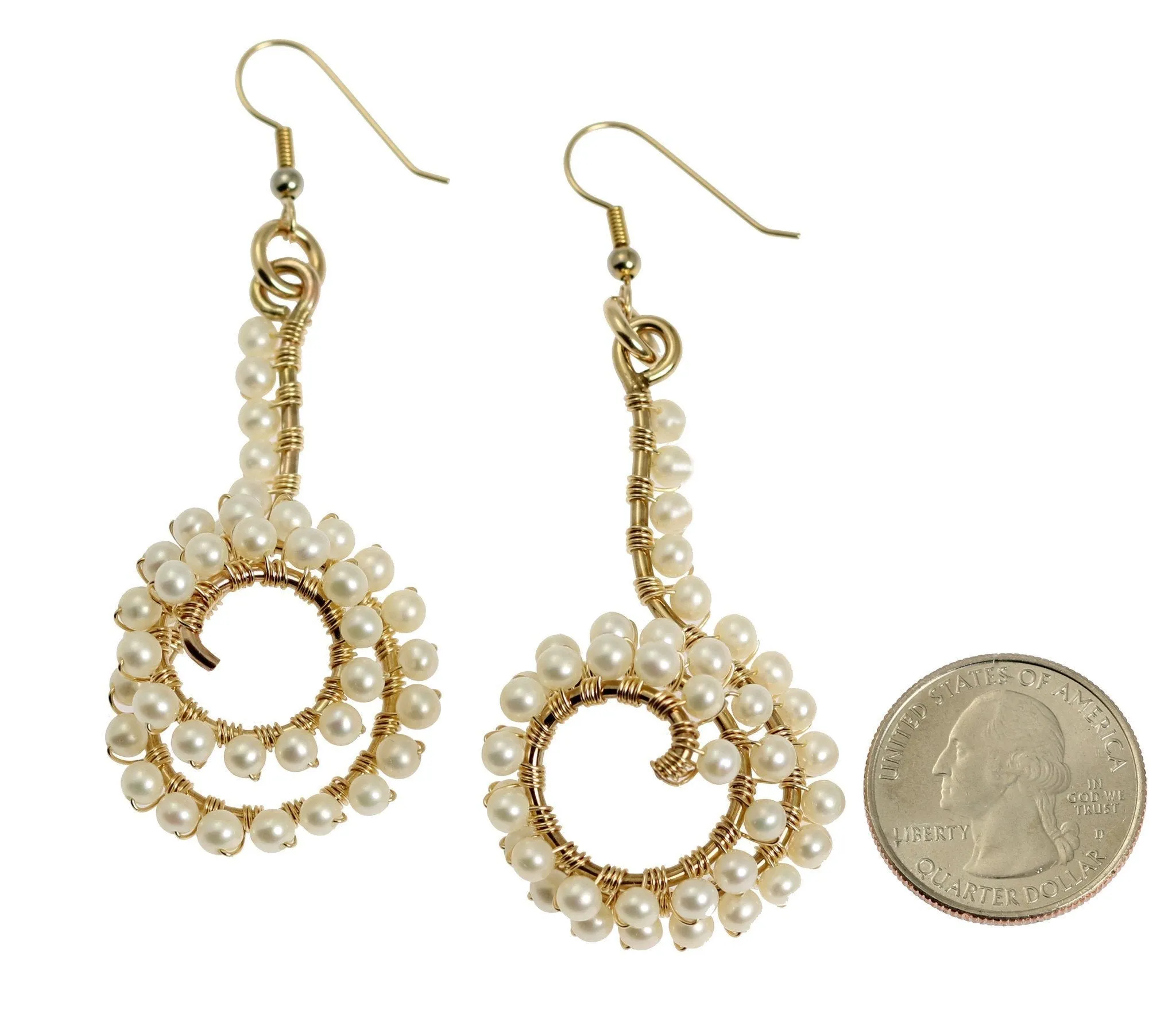 14K Gold-filled Wire Wrapped Spiral Earrings with White Freshwater Pearls