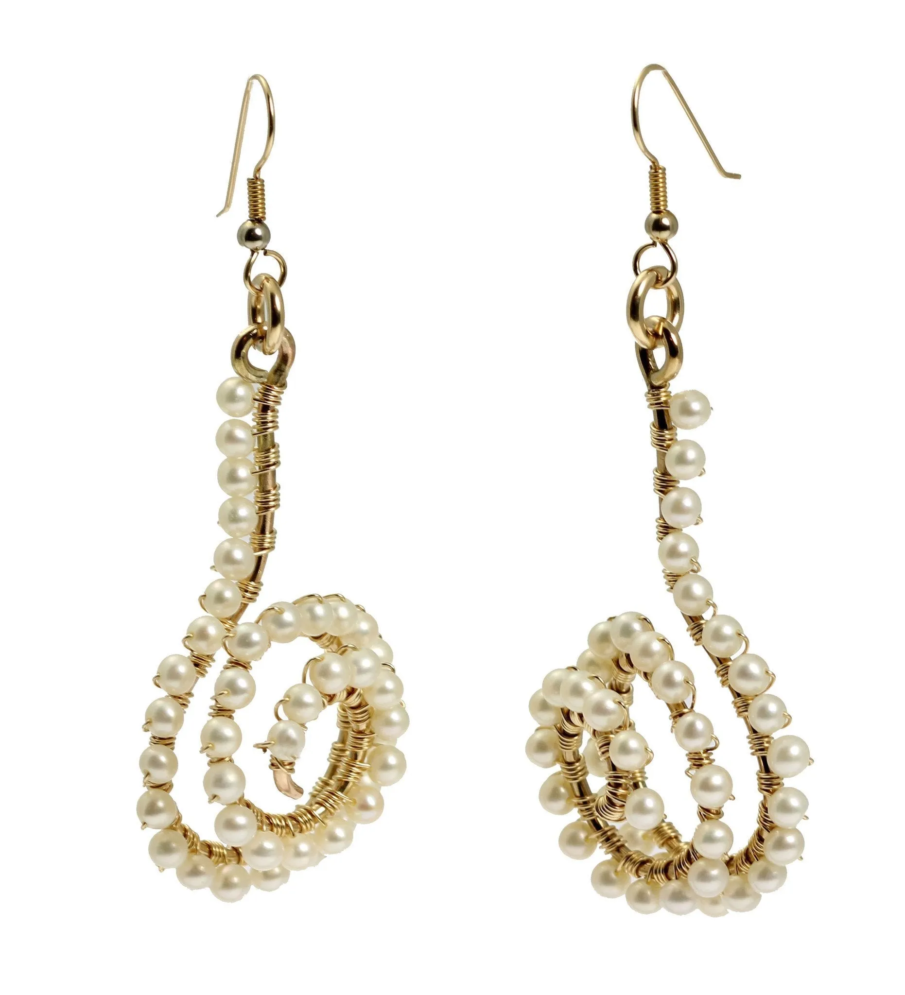 14K Gold-filled Wire Wrapped Spiral Earrings with White Freshwater Pearls
