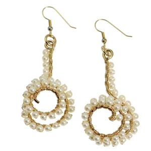 14K Gold-filled Wire Wrapped Spiral Earrings with White Freshwater Pearls