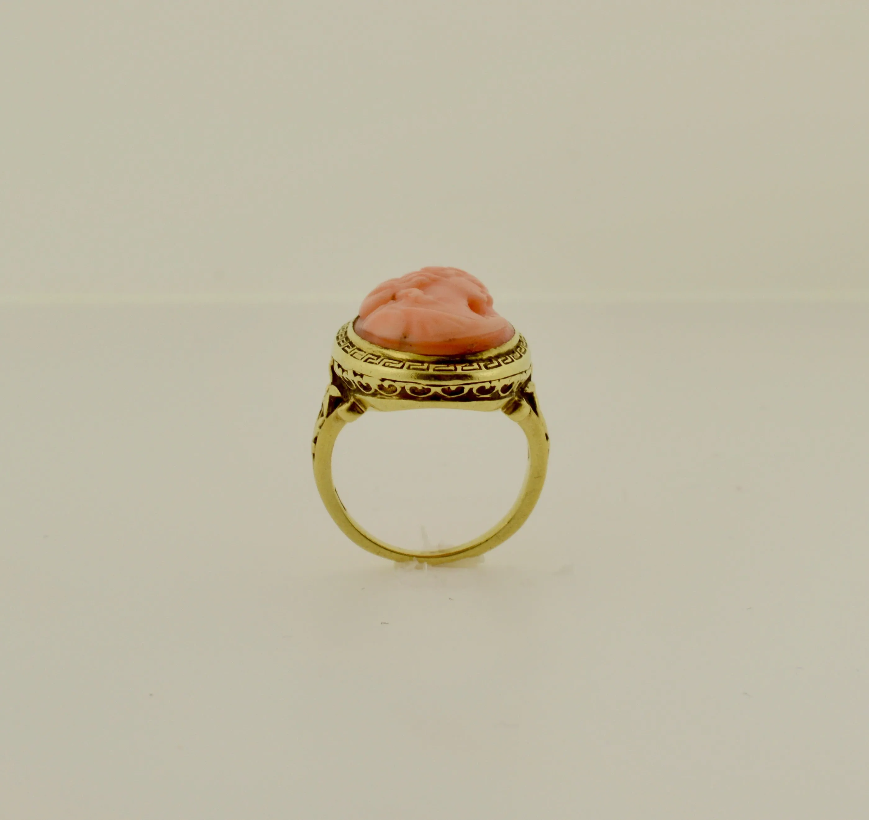 14K Vintage Green Gold Ring Set With 12x16mm Pink Cameo