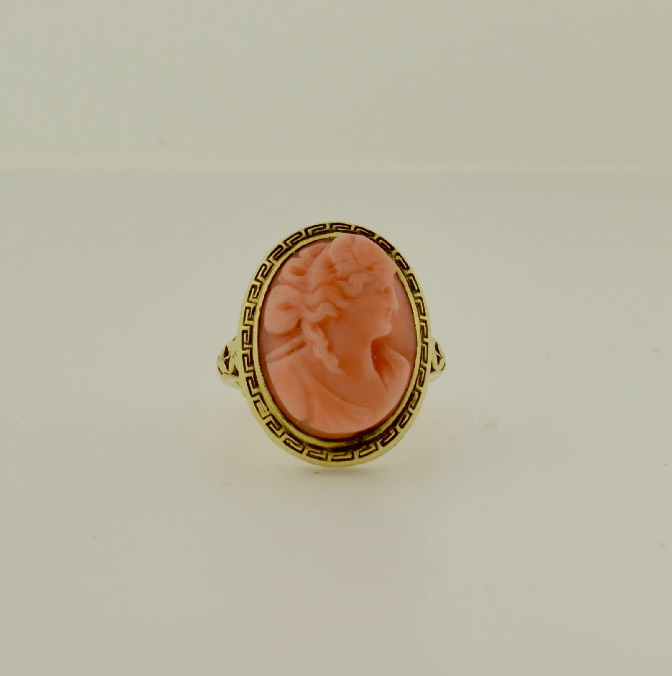 14K Vintage Green Gold Ring Set With 12x16mm Pink Cameo