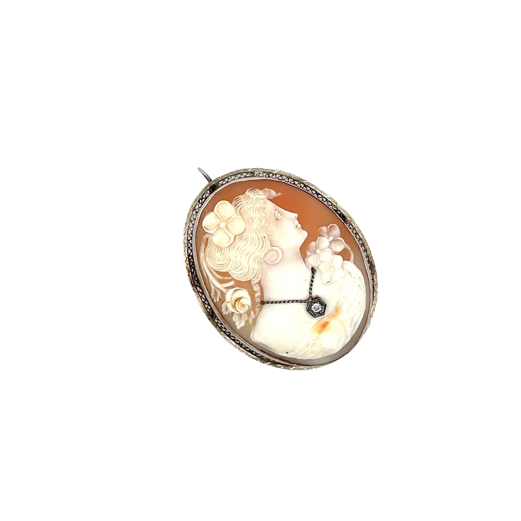 14K WHITE GOLD VINTAGE CAMEO PENDANT/PIN WITH ROUND DIAMOND 2"X1 1/2"