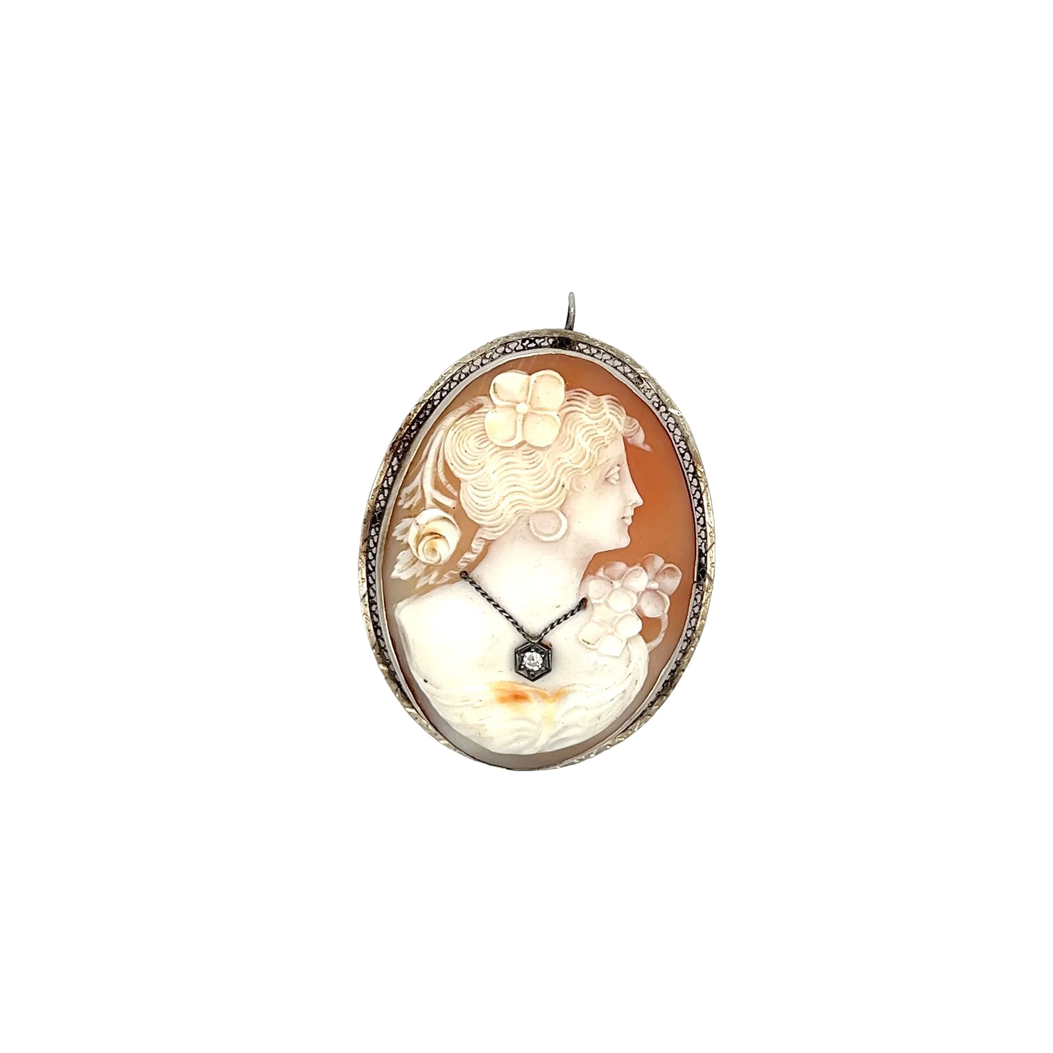 14K WHITE GOLD VINTAGE CAMEO PENDANT/PIN WITH ROUND DIAMOND 2"X1 1/2"