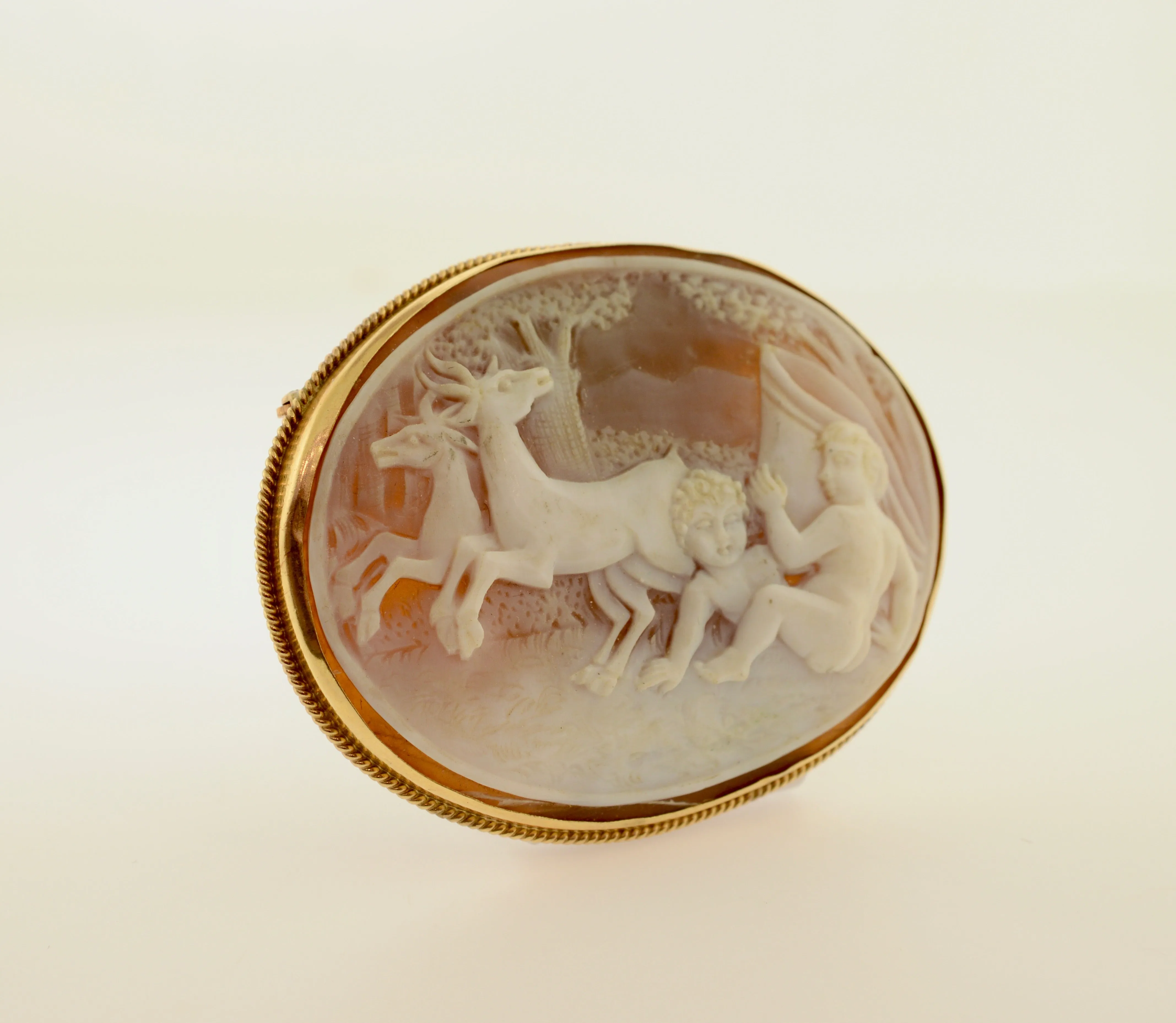 14K Yellow Gold Infant and Deer Shell Cameo Brooch
