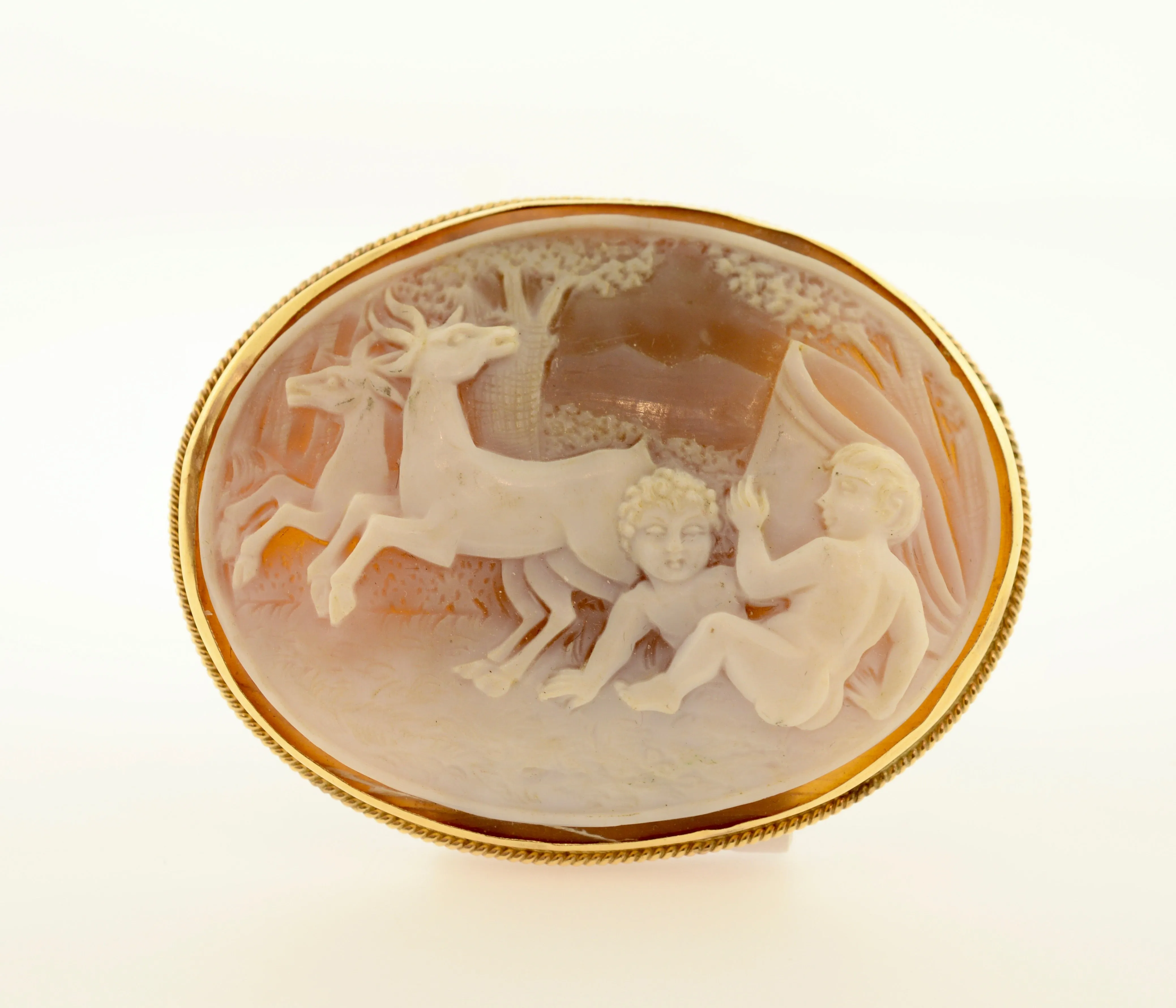 14K Yellow Gold Infant and Deer Shell Cameo Brooch