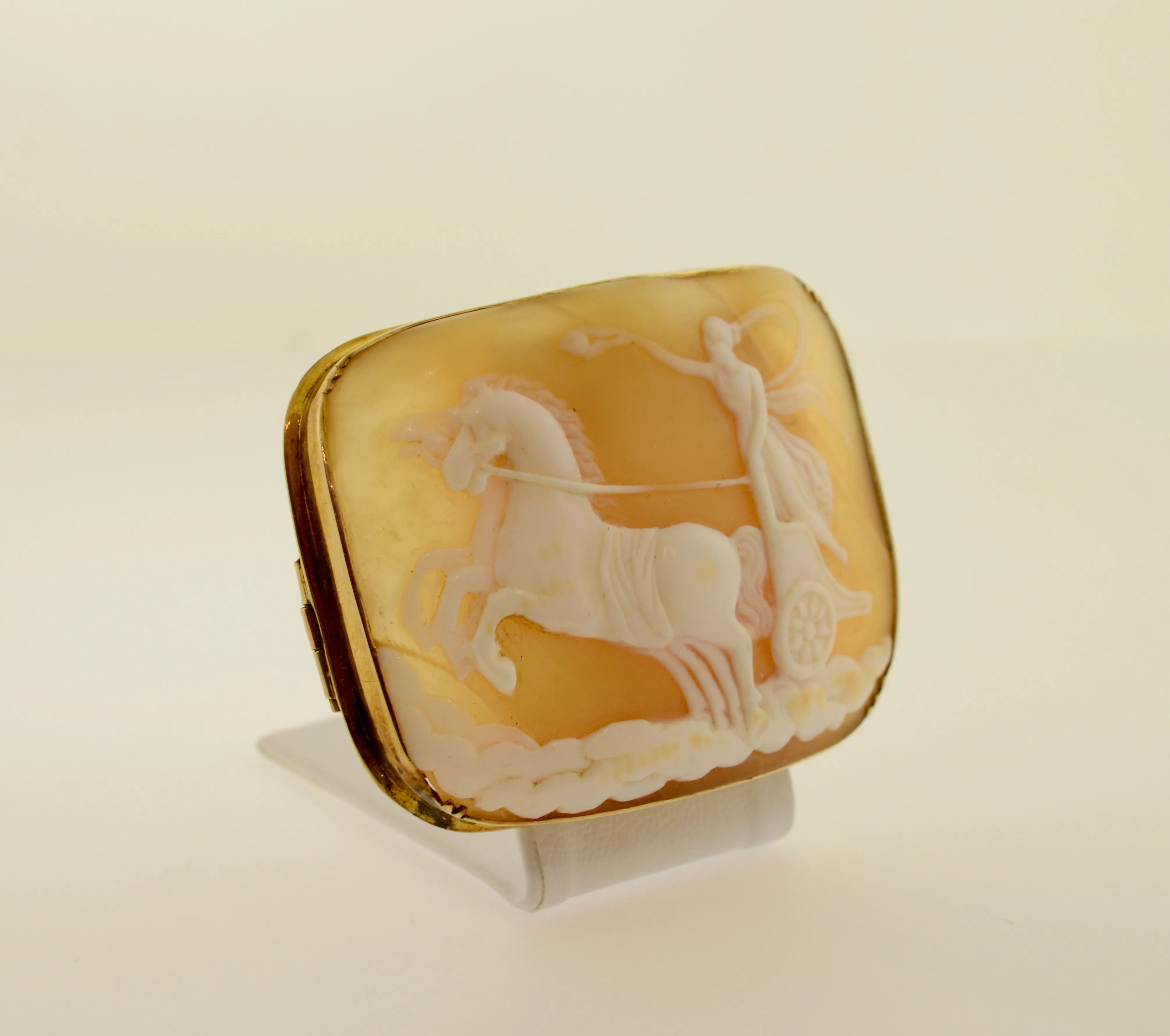 14K Yellow Gold Rectangular Shell Cameo Brooch with Chariot