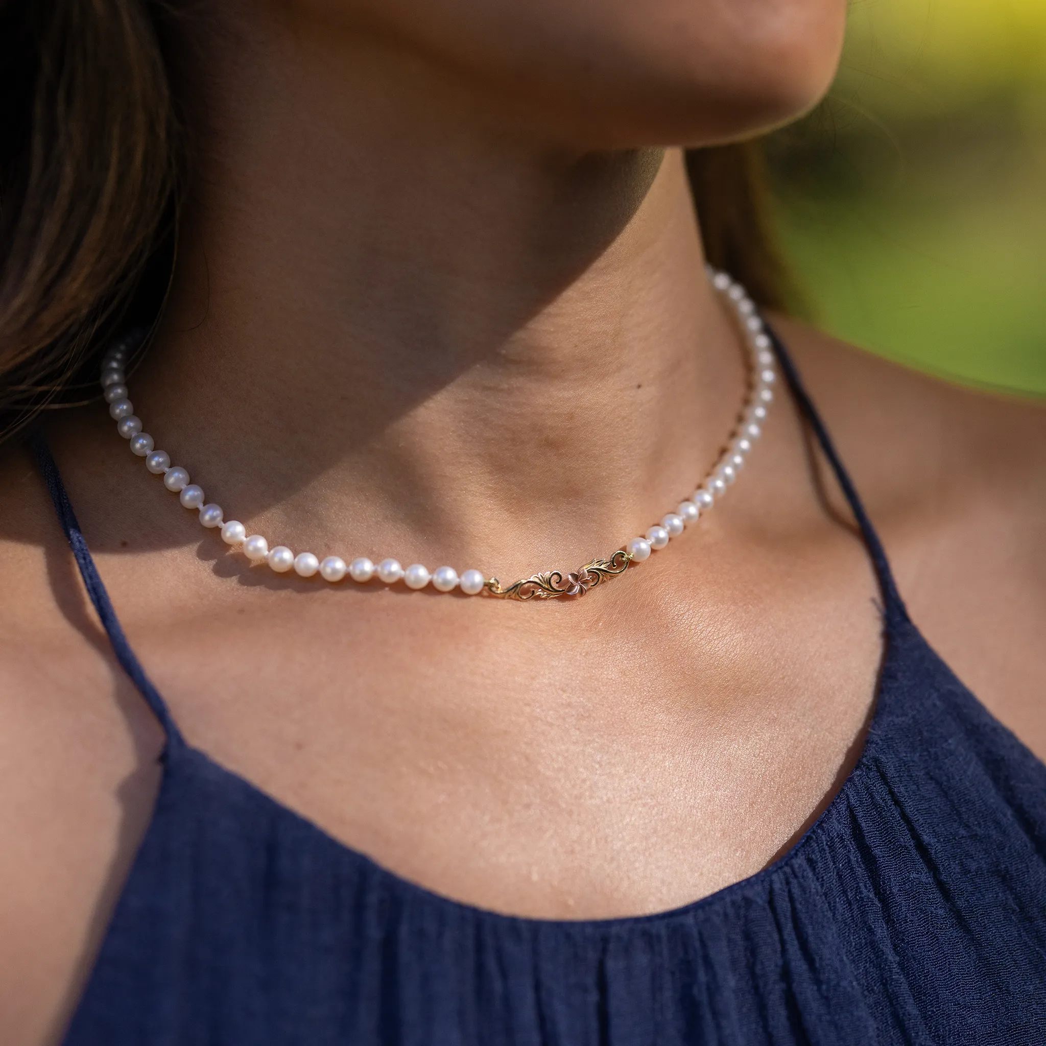 16-18" Adjustable Hawaiian Heirloom Plumeria Freshwater White Pearl Necklace in Two Tone Gold with Diamond