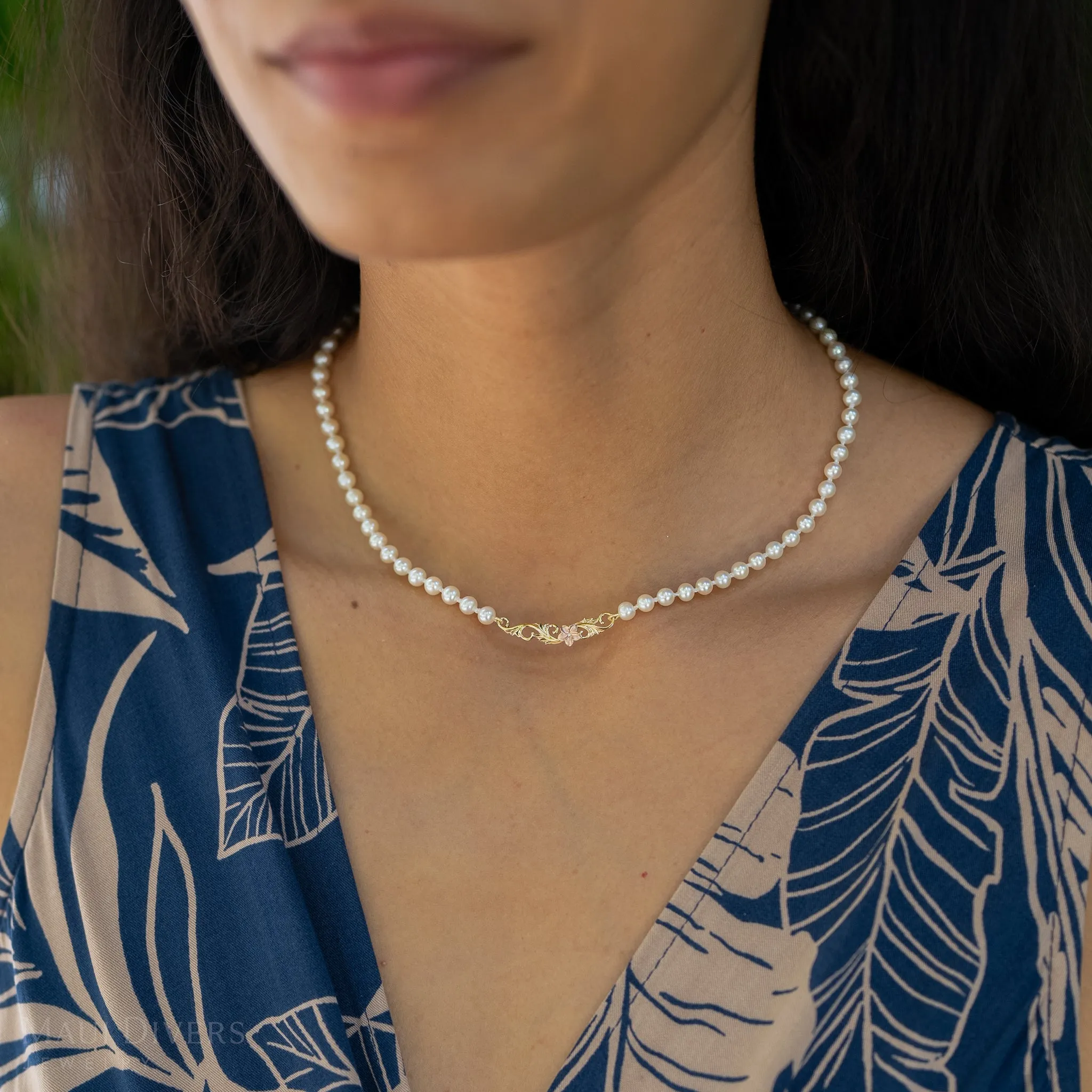 16-18" Adjustable Hawaiian Heirloom Plumeria Freshwater White Pearl Necklace in Two Tone Gold with Diamond