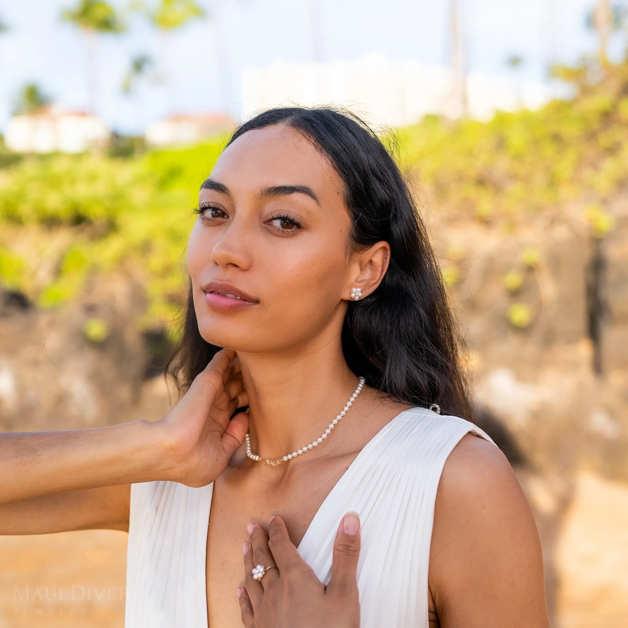 16-18" Adjustable Hawaiian Heirloom Plumeria Freshwater White Pearl Necklace in Two Tone Gold with Diamond