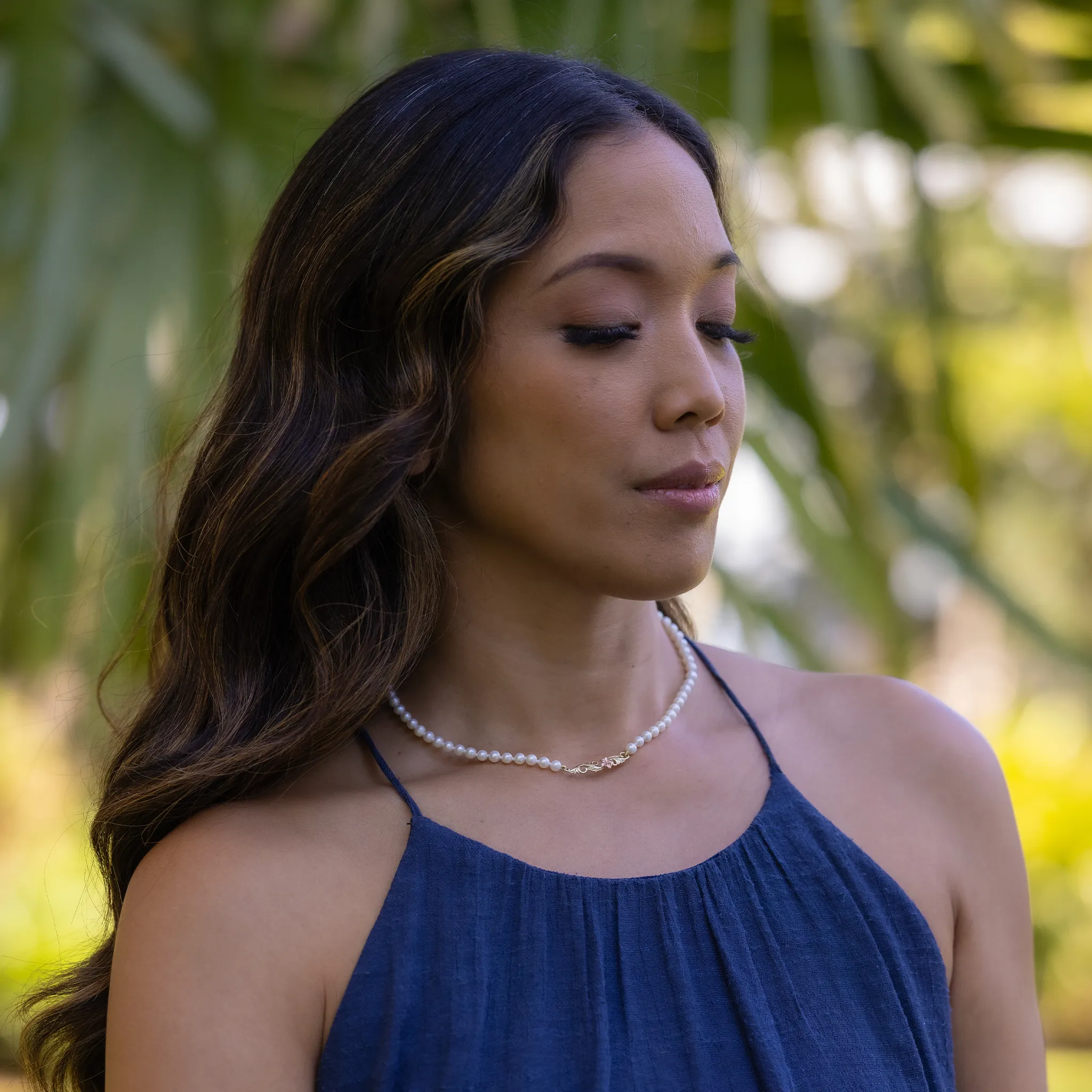 16-18" Adjustable Hawaiian Heirloom Plumeria Freshwater White Pearl Necklace in Two Tone Gold with Diamond
