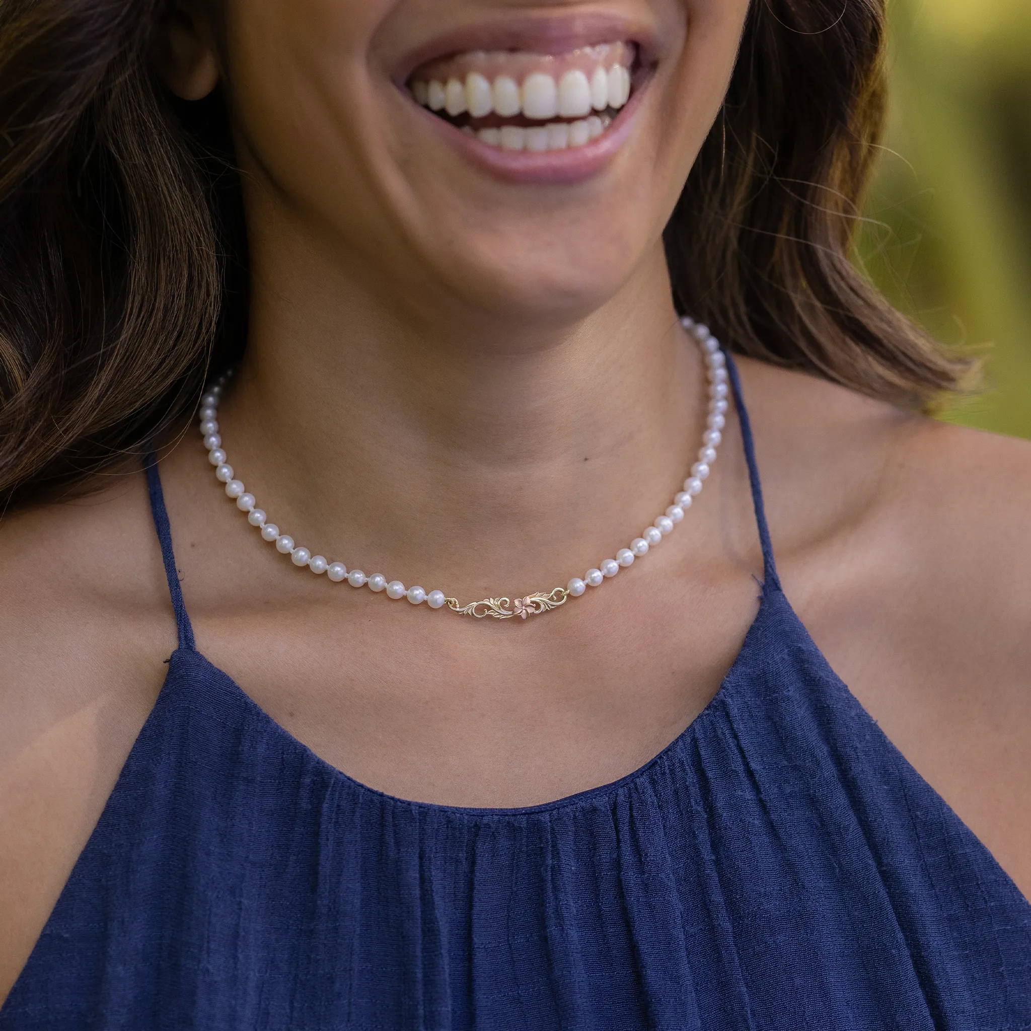 16-18" Adjustable Hawaiian Heirloom Plumeria Freshwater White Pearl Necklace in Two Tone Gold with Diamond