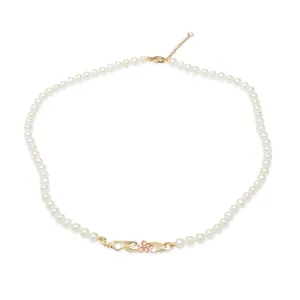 16-18" Adjustable Hawaiian Heirloom Plumeria Freshwater White Pearl Necklace in Two Tone Gold with Diamond