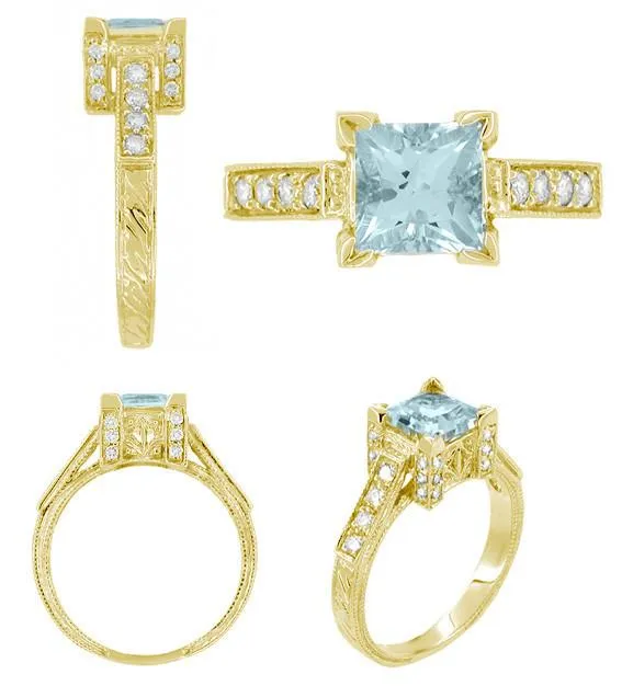 18 Karat Yellow Gold Art Deco 1 Carat Princess Cut Aquamarine Engagement Ring with Side Diamonds