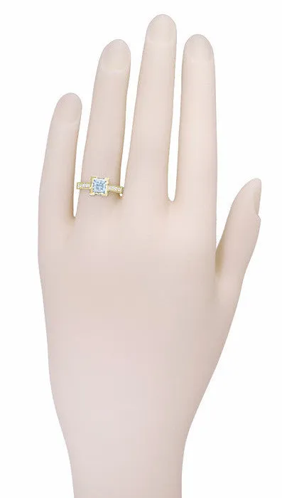 18 Karat Yellow Gold Art Deco 1 Carat Princess Cut Aquamarine Engagement Ring with Side Diamonds