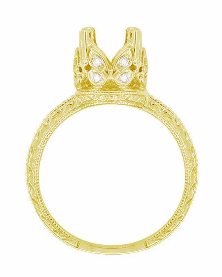 18 Karat Yellow Gold Art Deco Filigree Loving Butterflies Engraved 1 Carat Diamond Engagement Ring Setting