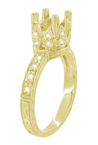 18 Karat Yellow Gold Art Deco Filigree Loving Butterflies Engraved 1 Carat Diamond Engagement Ring Setting