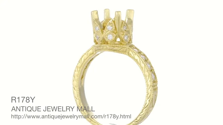 18 Karat Yellow Gold Art Deco Filigree Loving Butterflies Engraved 1 Carat Diamond Engagement Ring Setting