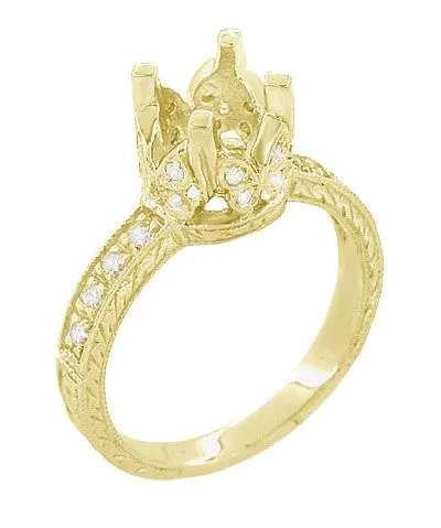 18 Karat Yellow Gold Art Deco Filigree Loving Butterflies Engraved 1 Carat Diamond Engagement Ring Setting