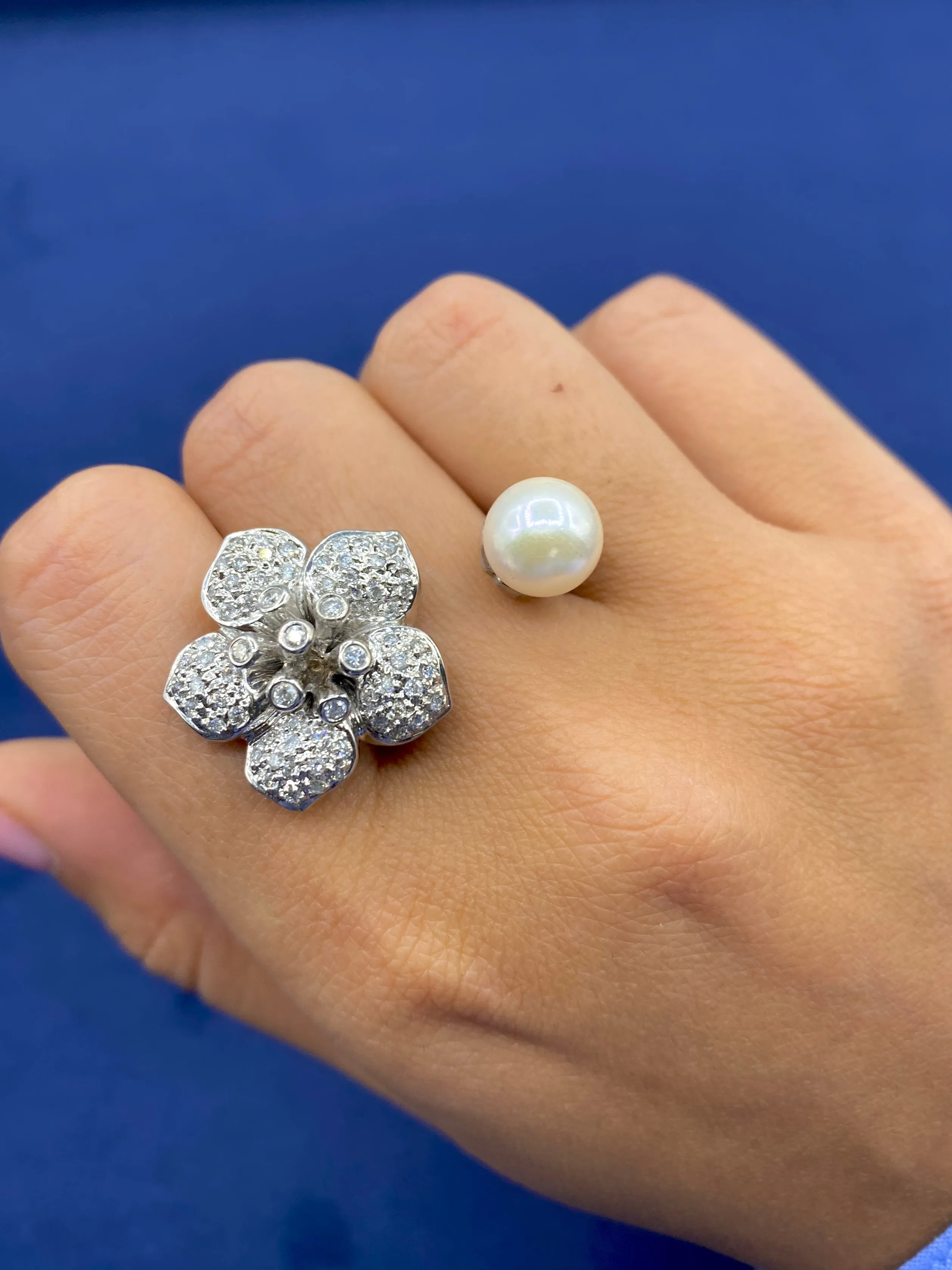 18K Flower Pearl Diamond Cuff Ring