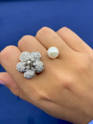 18K Flower Pearl Diamond Cuff Ring