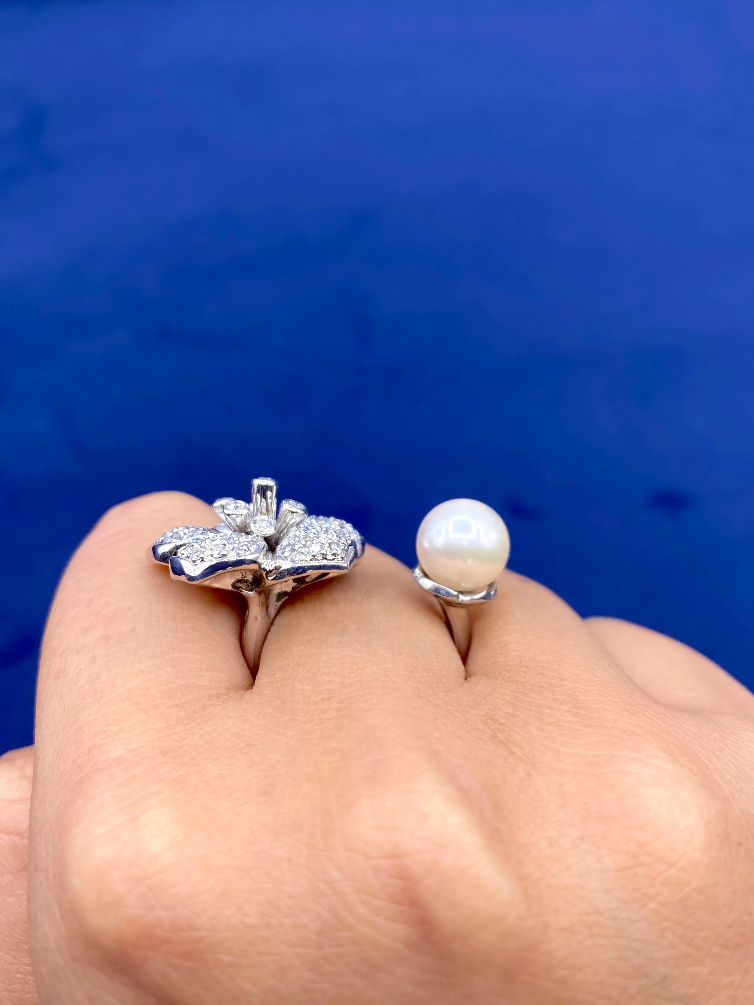 18K Flower Pearl Diamond Cuff Ring