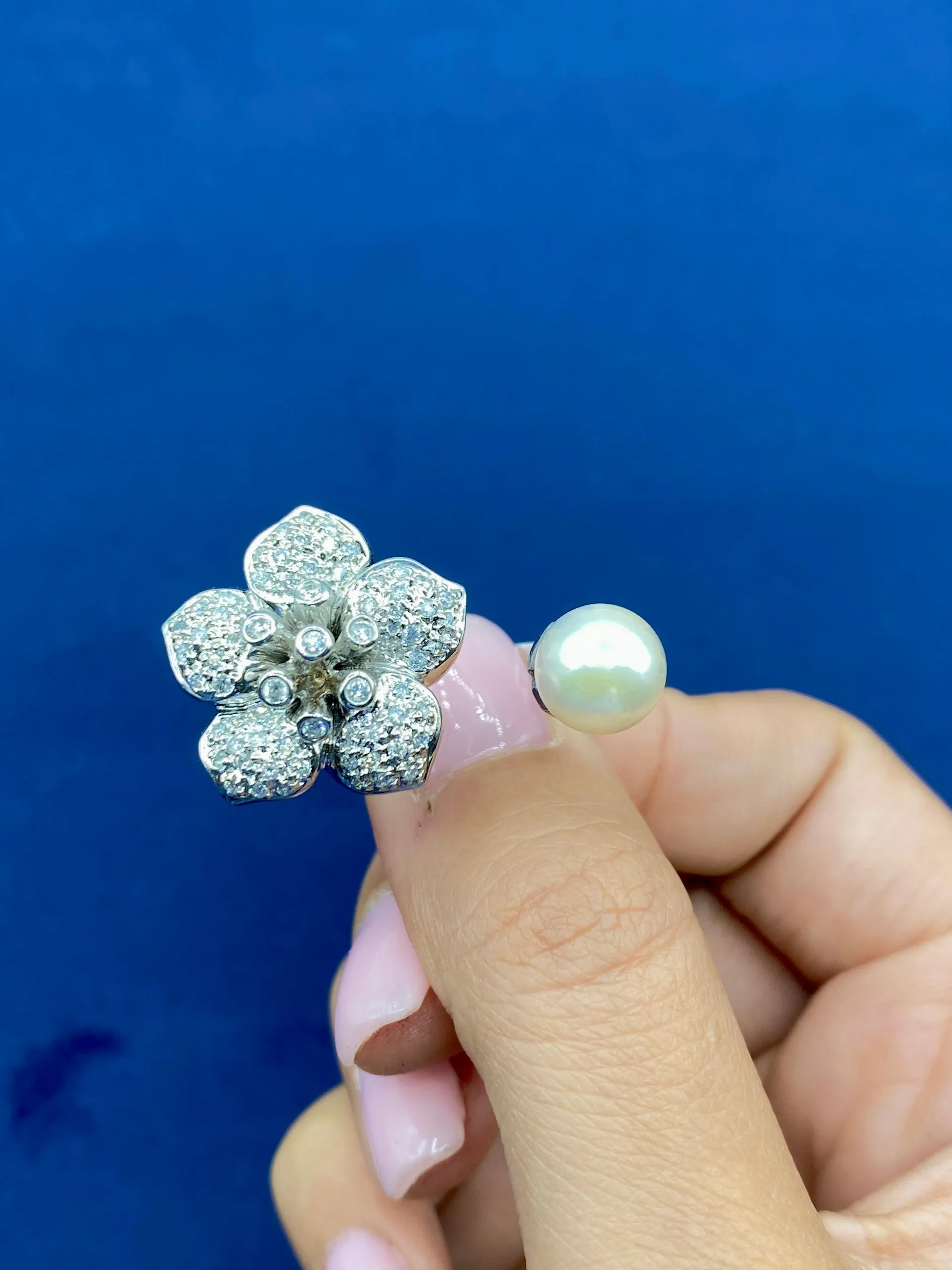 18K Flower Pearl Diamond Cuff Ring