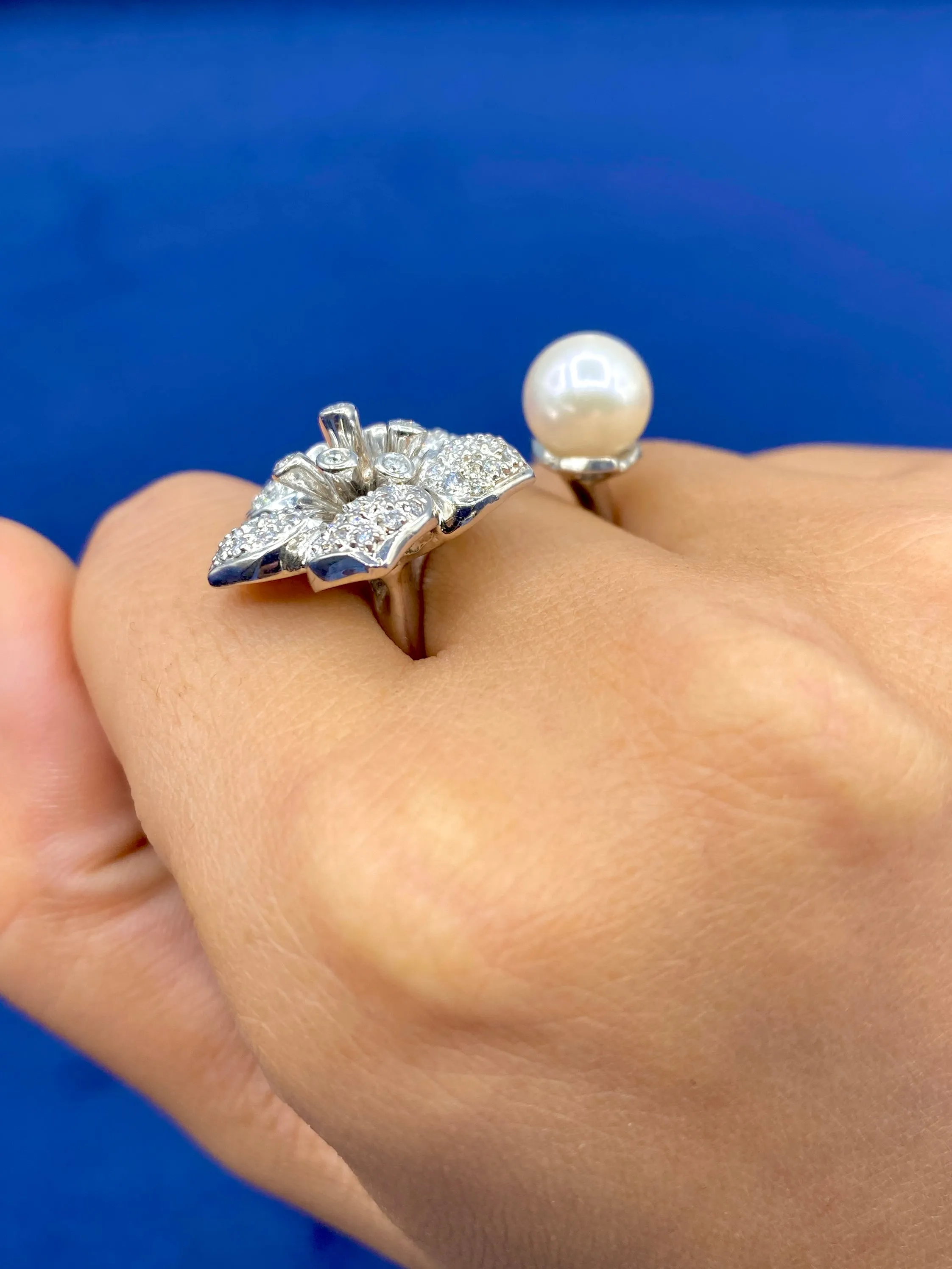 18K Flower Pearl Diamond Cuff Ring