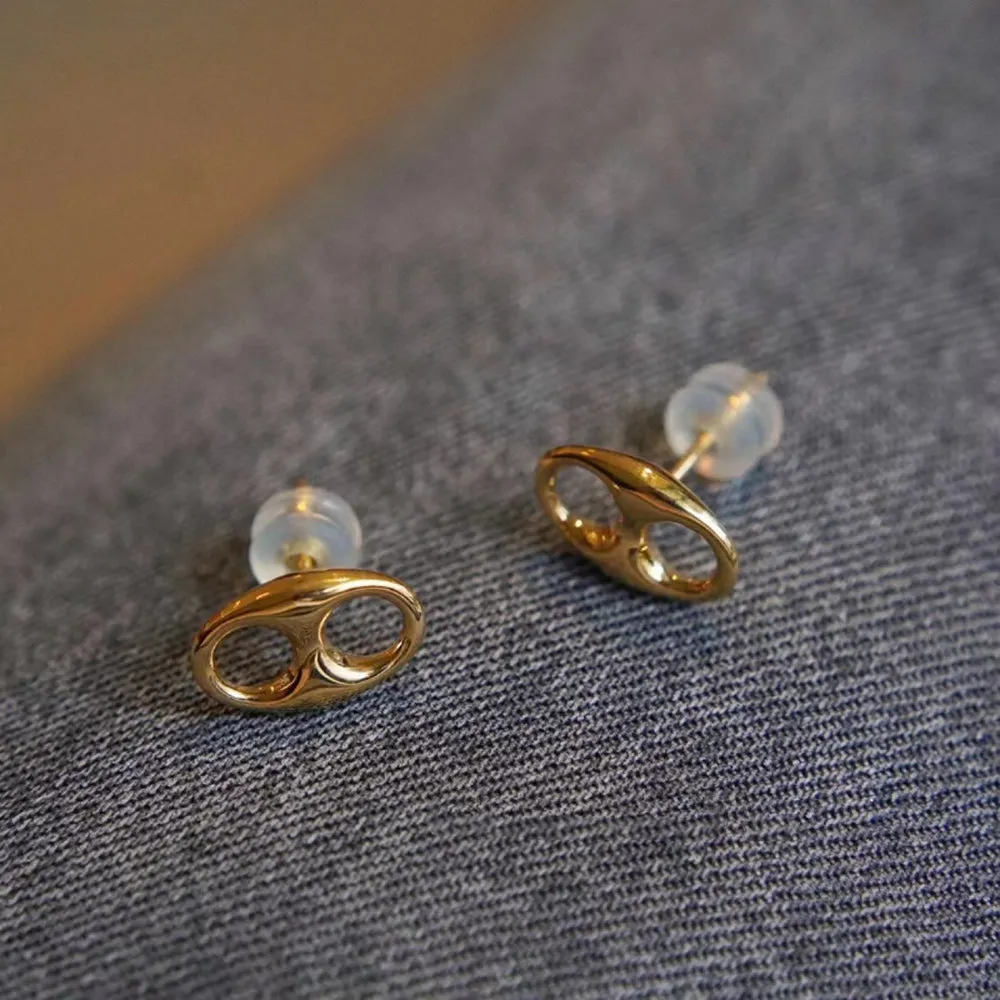 18K Solid Gold Ear Stud Earrings Pig Snout Simple Charm Jewelry