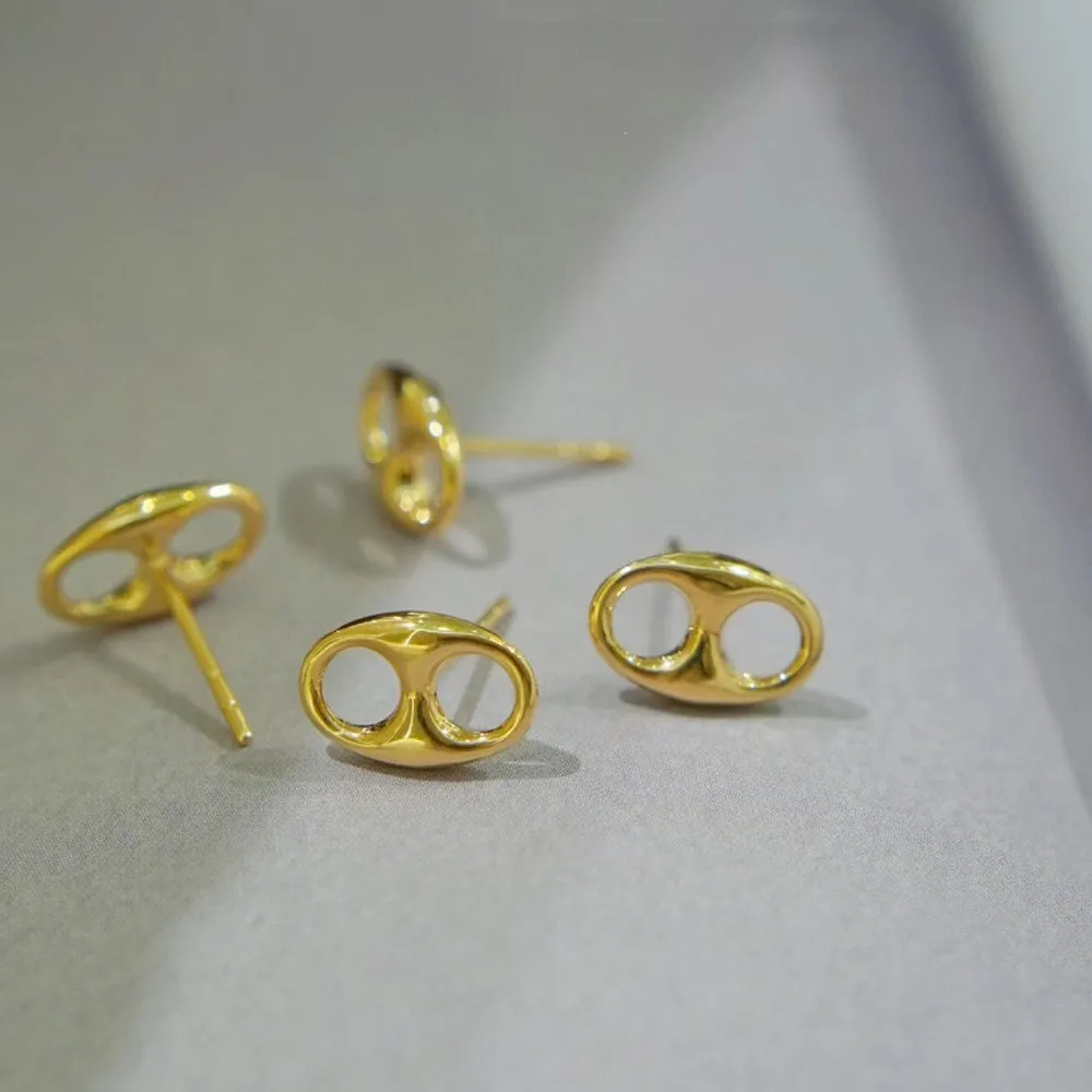 18K Solid Gold Ear Stud Earrings Pig Snout Simple Charm Jewelry