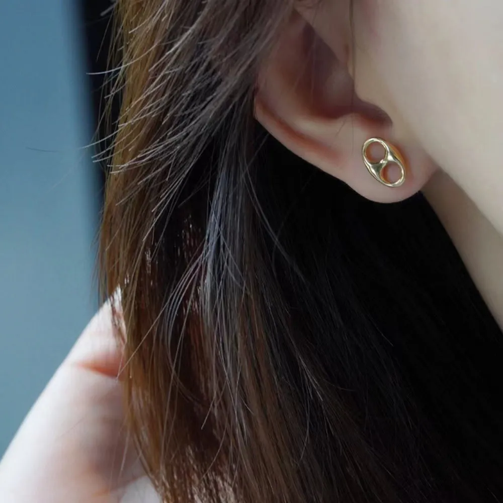 18K Solid Gold Ear Stud Earrings Pig Snout Simple Charm Jewelry