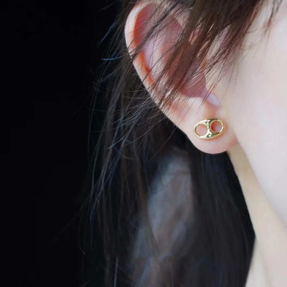 18K Solid Gold Ear Stud Earrings Pig Snout Simple Charm Jewelry