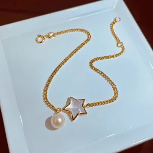 18K Solid Gold Natural Freshwater Pearl Bracelet Pearl Shell Star Cuban Chain Elegant Jewelry