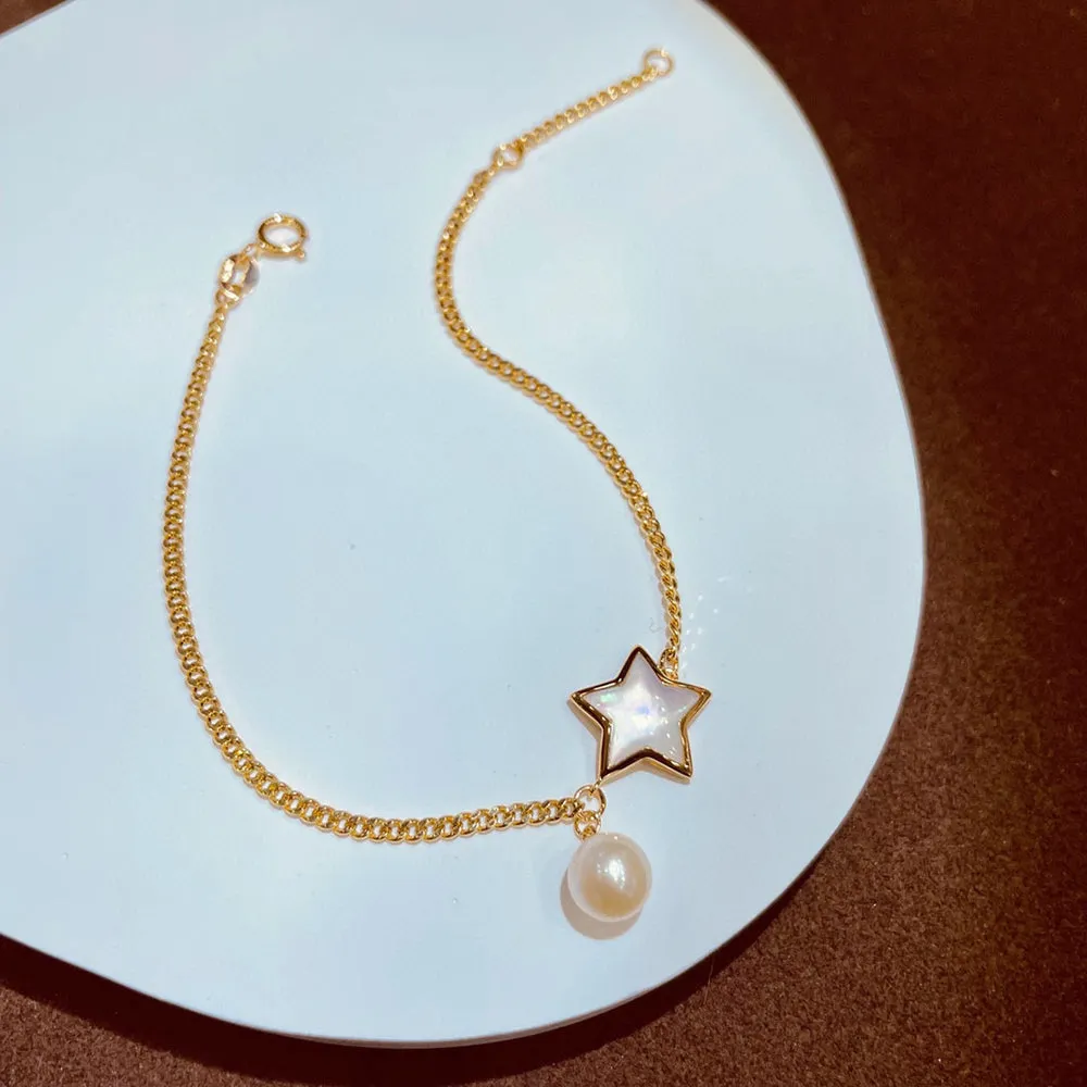 18K Solid Gold Natural Freshwater Pearl Bracelet Pearl Shell Star Cuban Chain Elegant Jewelry