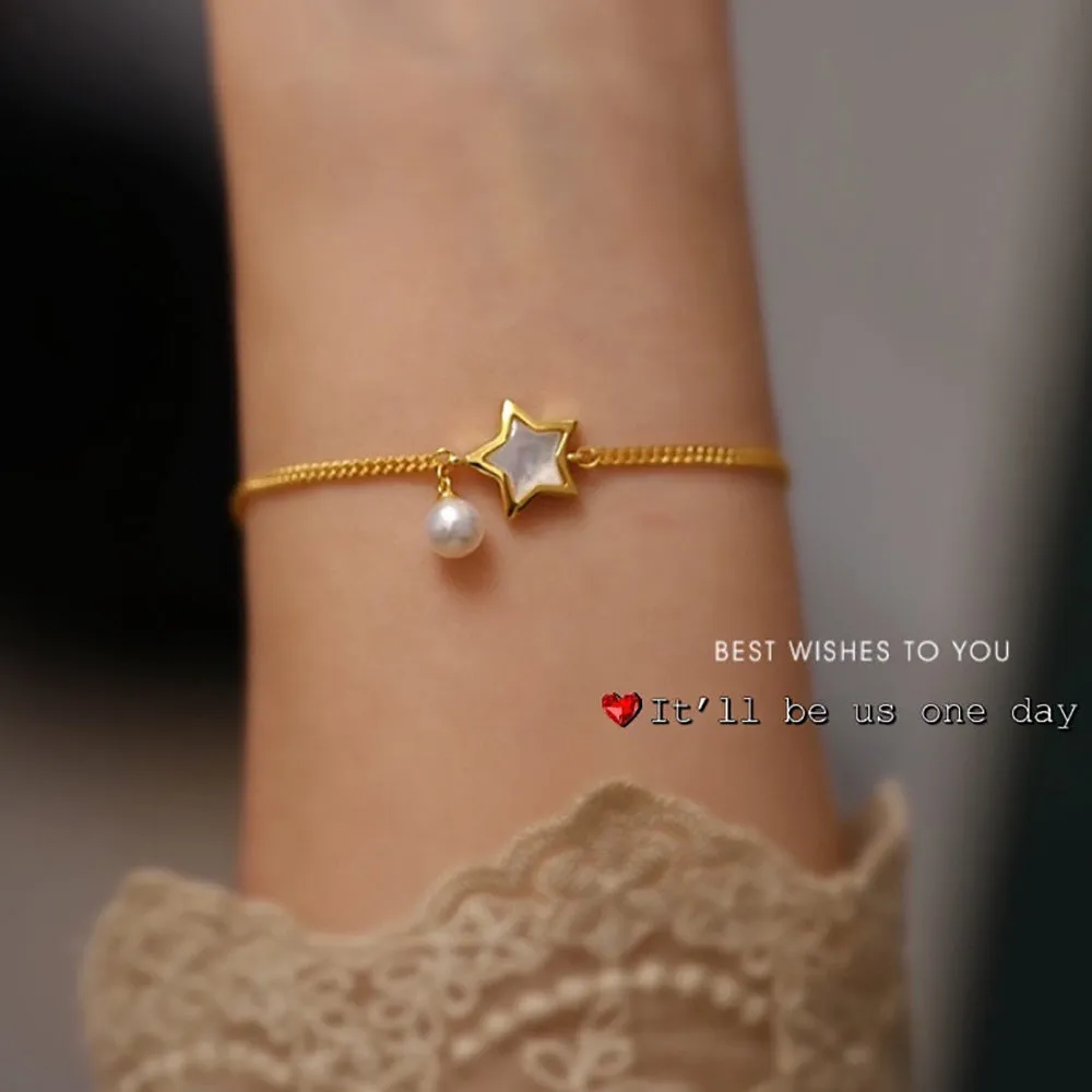 18K Solid Gold Natural Freshwater Pearl Bracelet Pearl Shell Star Cuban Chain Elegant Jewelry