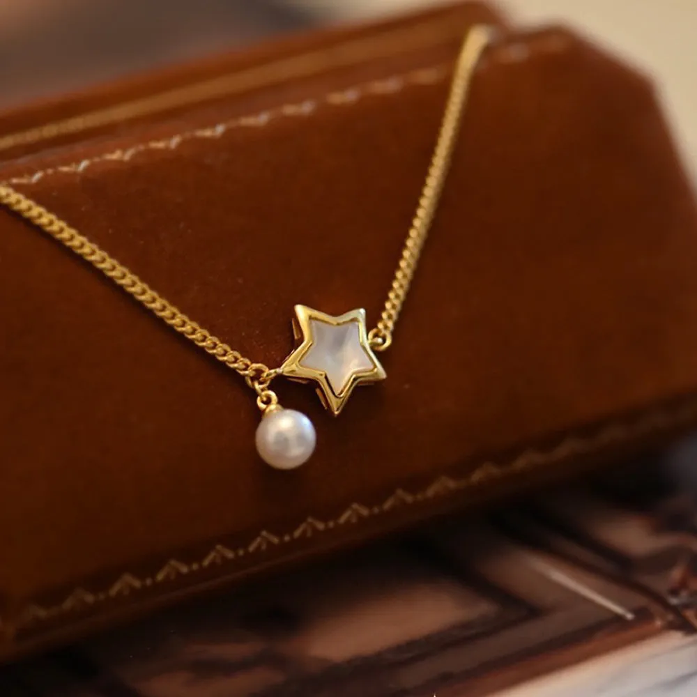 18K Solid Gold Natural Freshwater Pearl Bracelet Pearl Shell Star Cuban Chain Elegant Jewelry