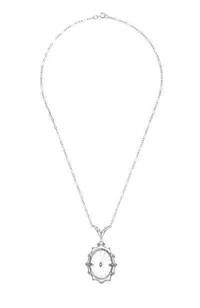 1920's  Filigree Oval Camphor Glass Sunray Crystal and Diamond Necklace in Sterling Silver
