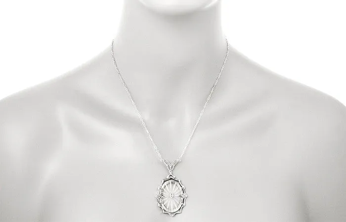 1920's  Filigree Oval Camphor Glass Sunray Crystal and Diamond Necklace in Sterling Silver