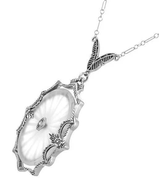 1920's  Filigree Oval Camphor Glass Sunray Crystal and Diamond Necklace in Sterling Silver