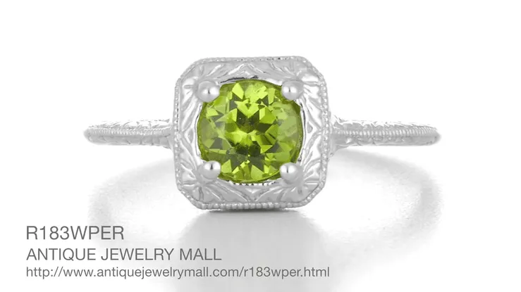 1920's Filigree Scroll Engraved Peridot Engagement Ring in 14 Karat White Gold