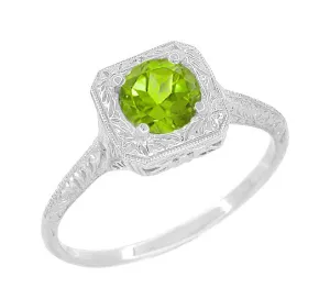 1920's Filigree Scroll Engraved Peridot Engagement Ring in 14 Karat White Gold