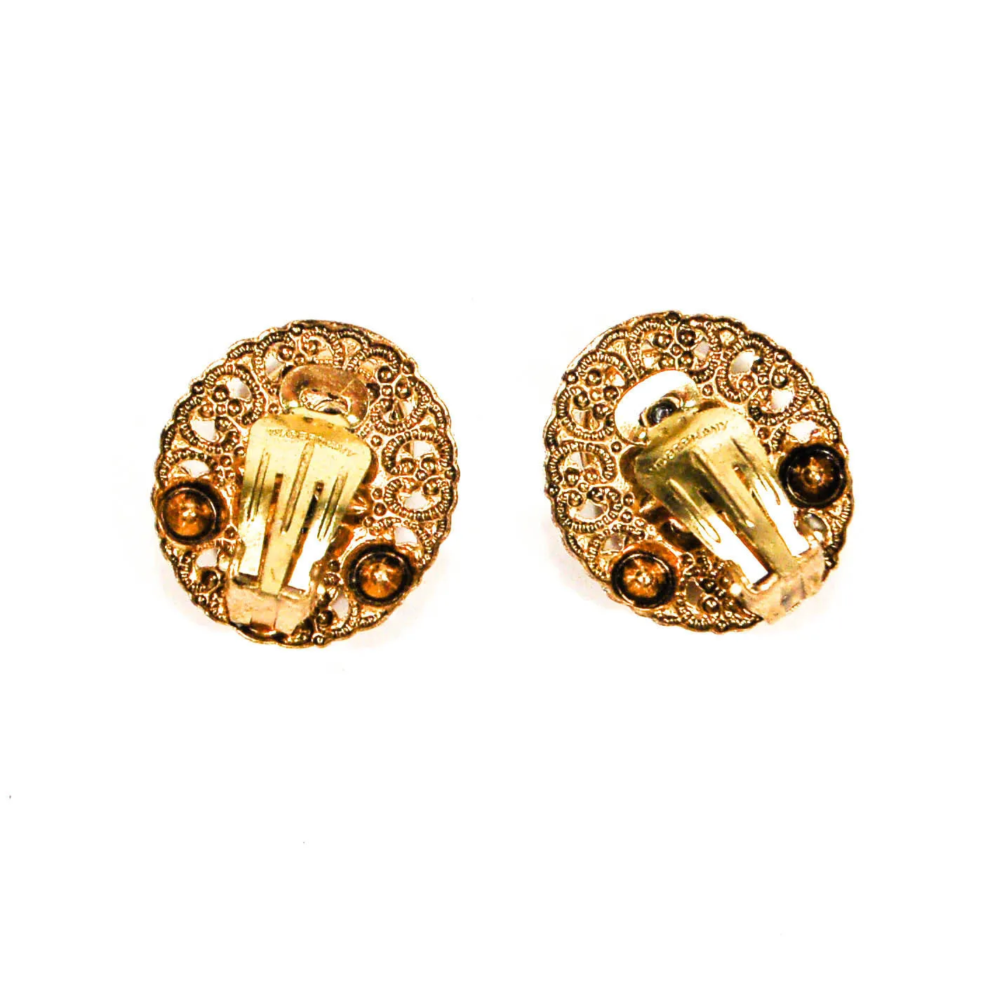 1950's Blush Pink Rhinestone and Filigree Gold Tone Earrings