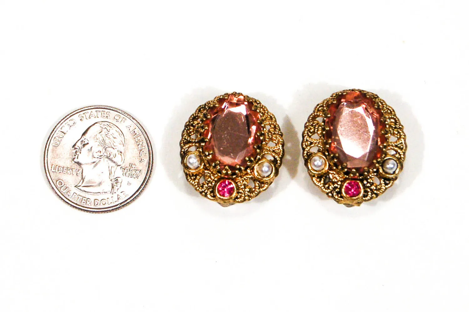 1950's Blush Pink Rhinestone and Filigree Gold Tone Earrings