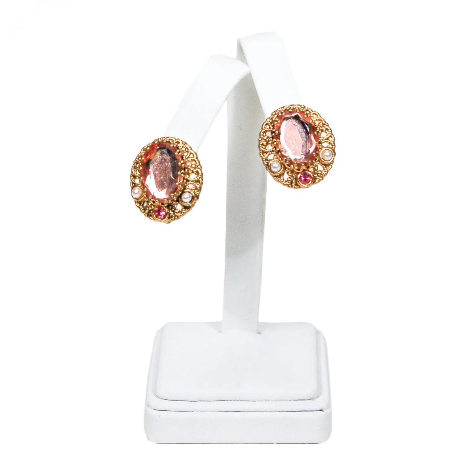 1950's Blush Pink Rhinestone and Filigree Gold Tone Earrings