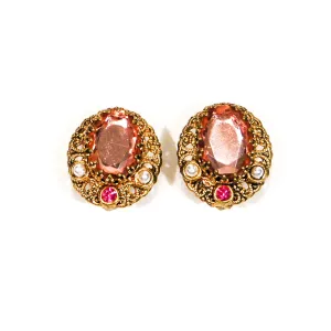 1950's Blush Pink Rhinestone and Filigree Gold Tone Earrings