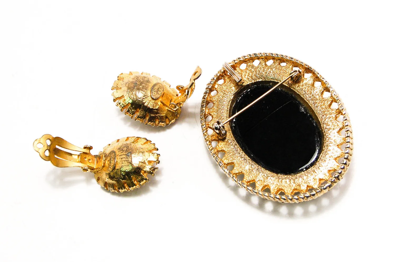 1950's Rose Cameo Pendant Brooch and Earrings Set by Celebrity