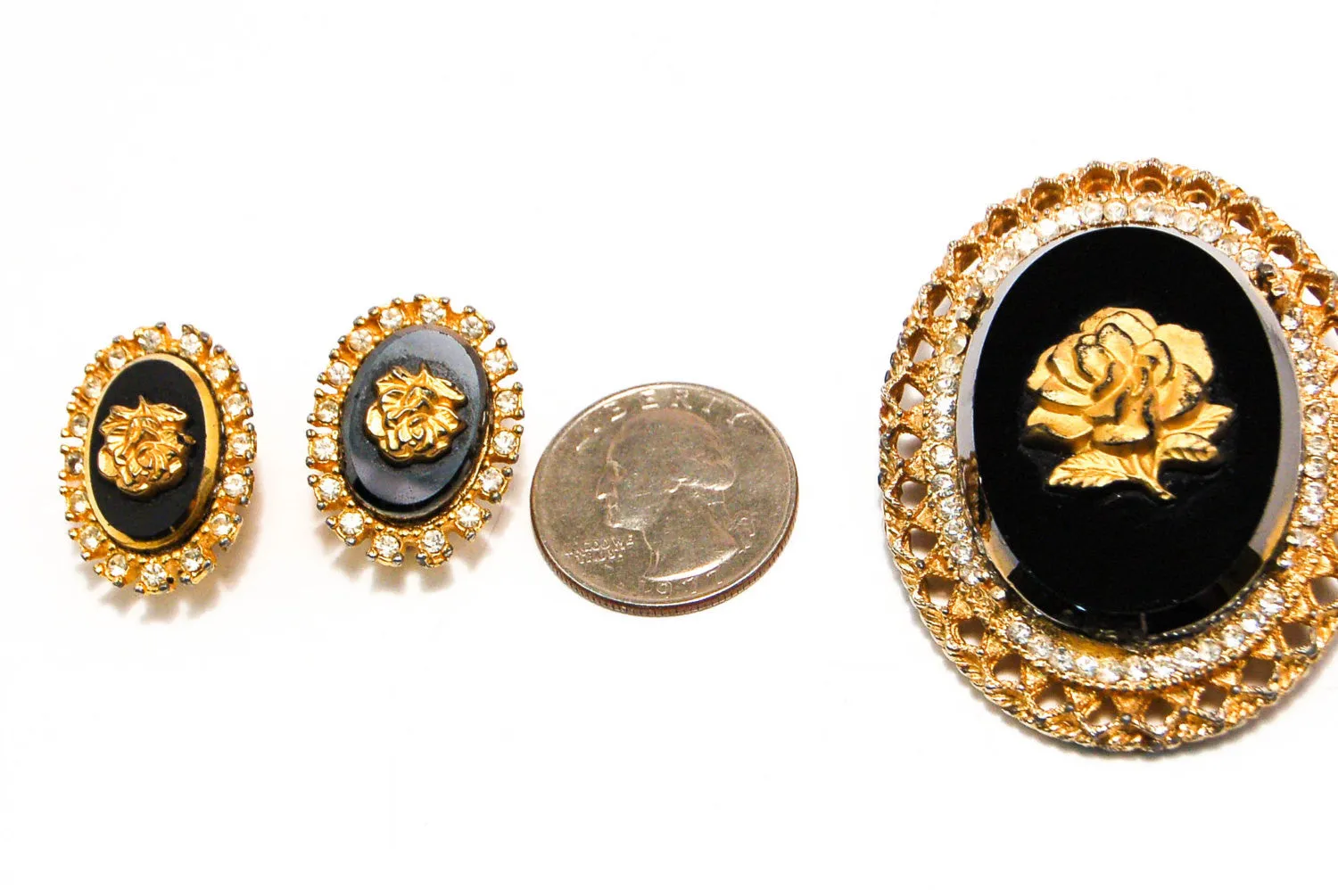 1950's Rose Cameo Pendant Brooch and Earrings Set by Celebrity